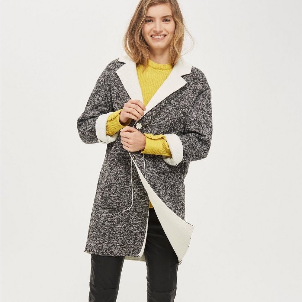 Topshop Salt & Pepper Knit Bonded Borg Coat